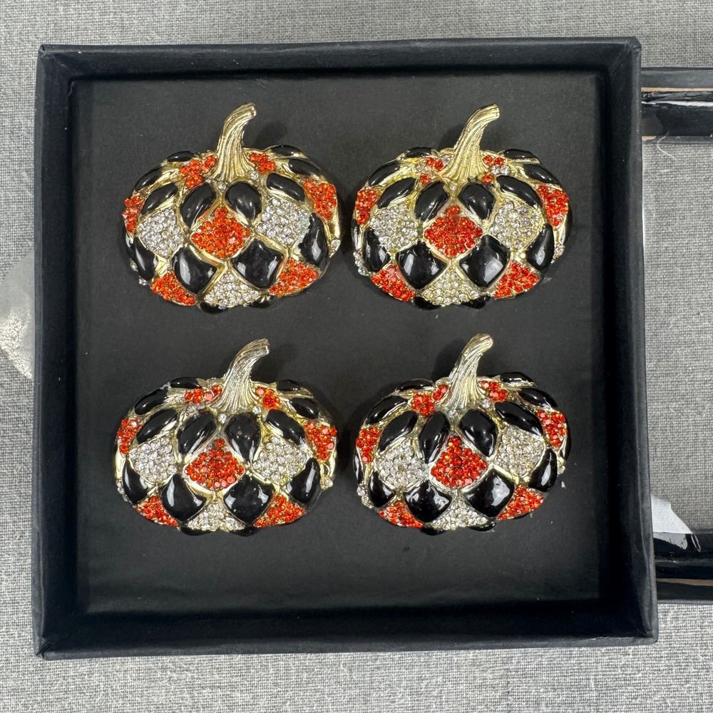 Tahari Home Pumpkin Napkin Rings Set of 4 Rhinestone Black Orange Gold Halloween